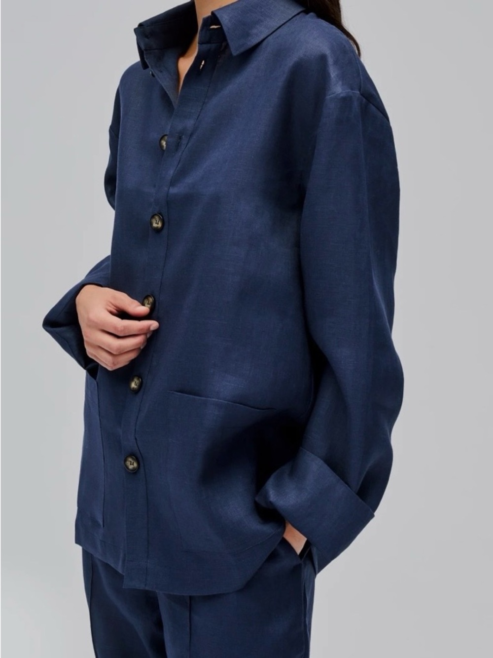 Sleeper Navy Button-Front Shirt Jacket And Pants Set Sold Separately on Website